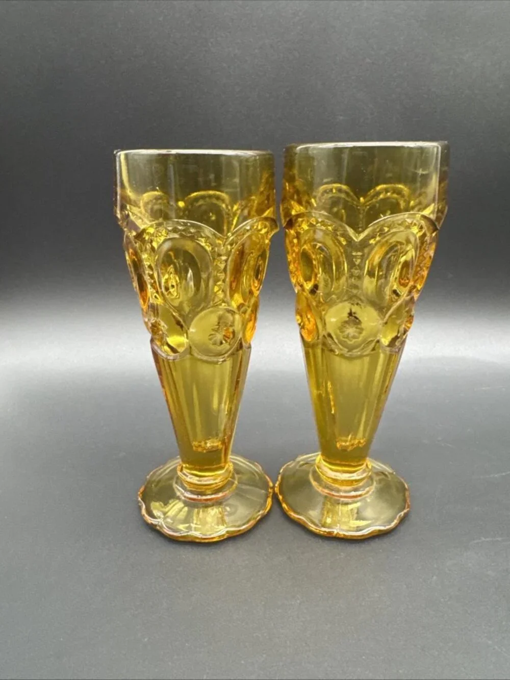 VTG MCM LE Smith Glass Moon Stars Amber Bud Vase Pair Fall Decor